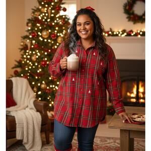 VTG Karen Scott Sport Christmas Button Up Shirt Womens 2X Plaid Holiday Plus